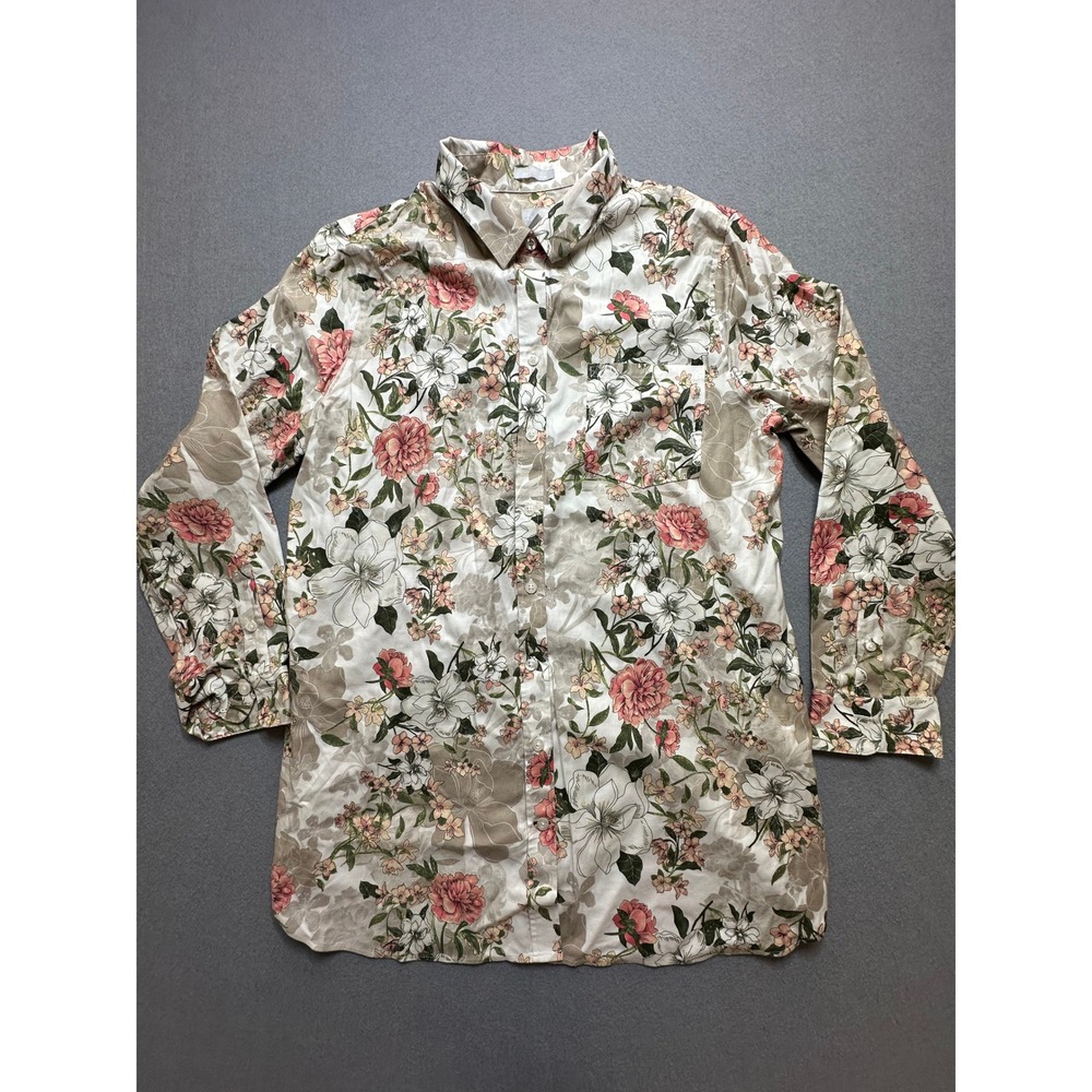 Chicos Chic Stretch Floral Button Down Shirt Size 2 Large Pink White‎ Tan-43